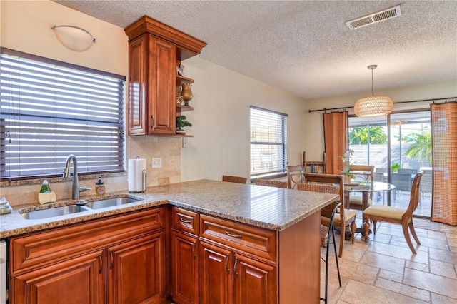 kitchen with kitchen peninsula, a wealth of natural light, sink, and hanging light fixtures