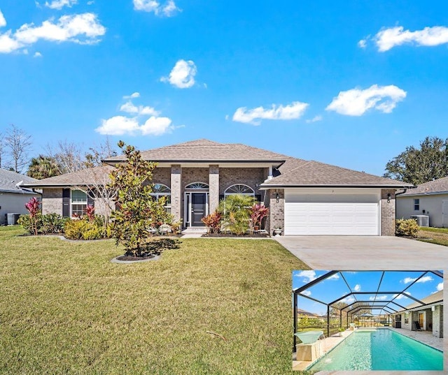 view of front of home with glass enclosure, a front yard, and central AC