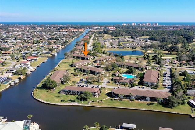 aerial view featuring a water view