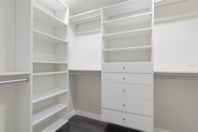 walk in closet with dark hardwood / wood-style flooring