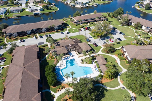 drone / aerial view featuring a water view