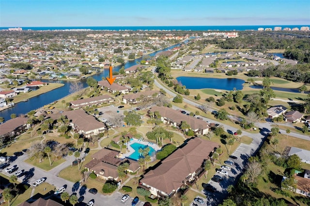 drone / aerial view featuring a water view