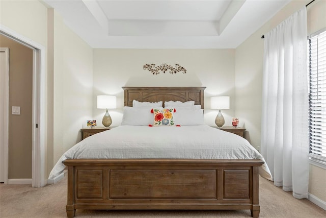 carpeted bedroom featuring a raised ceiling