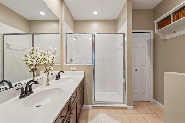 bathroom with vanity, tile patterned floors, and a shower with shower door