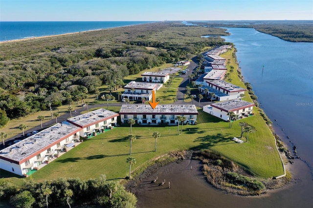 drone / aerial view featuring a water view