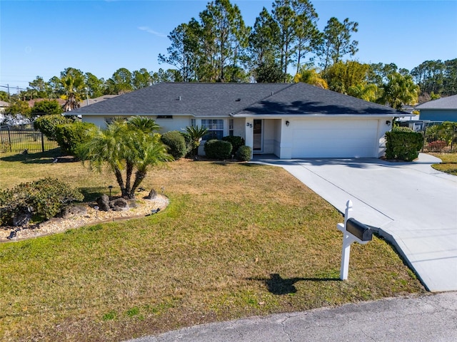 ranch-style home with a garage and a front lawn