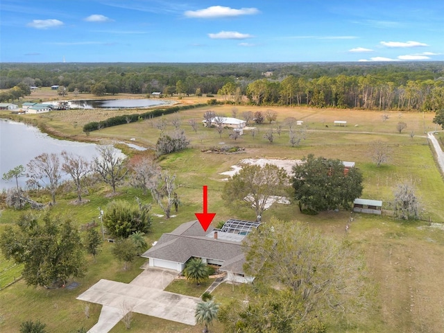 aerial view with a water view and a rural view