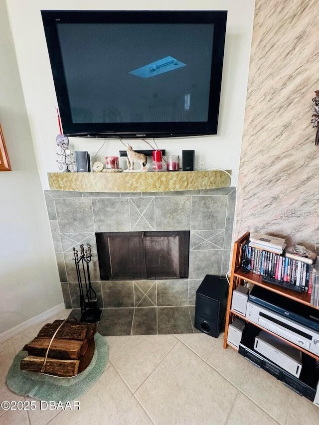 room details with a tiled fireplace