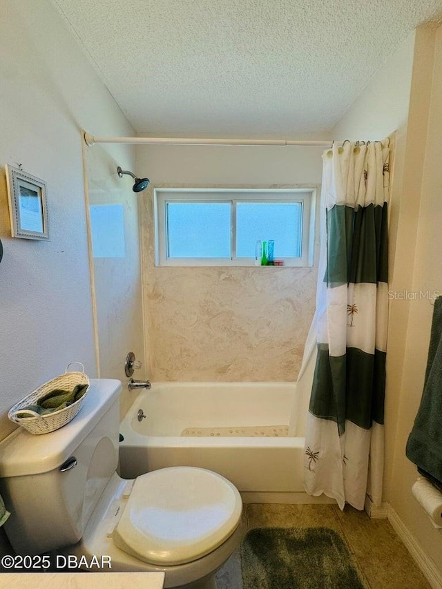 bathroom featuring a textured ceiling, tile patterned floors, shower / tub combo, and toilet