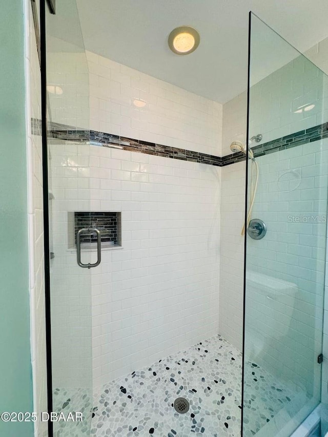 bathroom featuring a shower with shower door