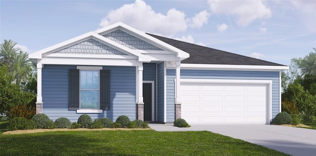 view of front of home with a garage and a front lawn