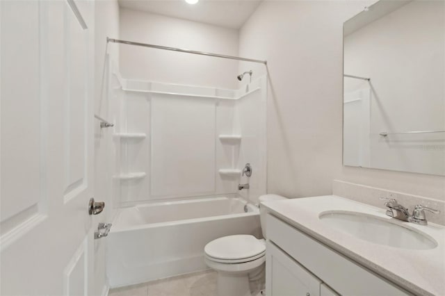 full bathroom featuring shower / tub combination, tile patterned flooring, vanity, and toilet