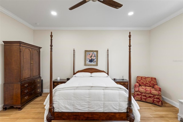 bedroom with ceiling fan and ornamental molding