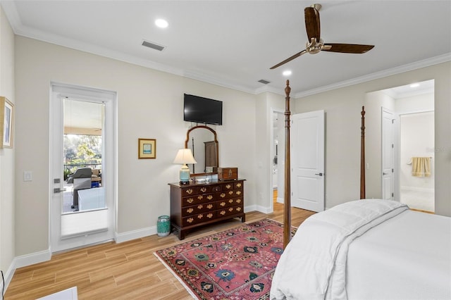 bedroom with ornamental molding and ceiling fan