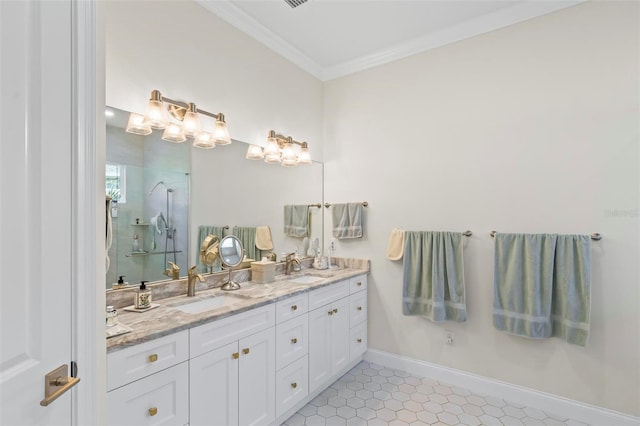 bathroom with vanity, tile patterned flooring, a shower with shower door, and ornamental molding