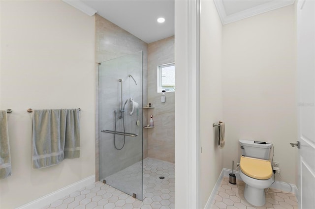 bathroom featuring toilet, tile patterned flooring, an enclosed shower, and crown molding