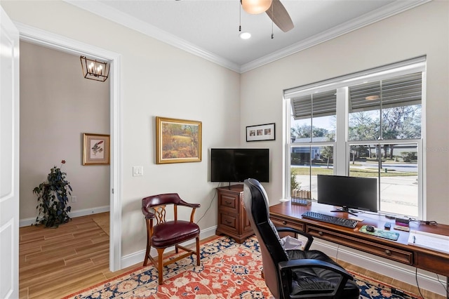 home office featuring a chandelier, ornamental molding, and light hardwood / wood-style flooring