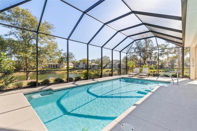 view of pool featuring a lanai, a patio, and a water view