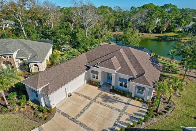 drone / aerial view featuring a water view