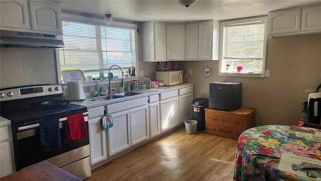 kitchen featuring sink, white cabinetry, and stainless steel electric stove