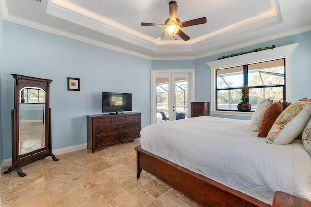 bedroom featuring ceiling fan, access to exterior, a raised ceiling, crown molding, and french doors