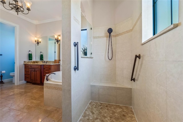 full bathroom with toilet, separate shower and tub, a chandelier, ornamental molding, and vanity