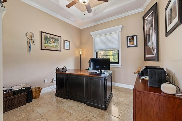 office with ceiling fan, a raised ceiling, and ornamental molding