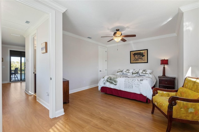 bedroom featuring ceiling fan, light hardwood / wood-style floors, access to exterior, and crown molding