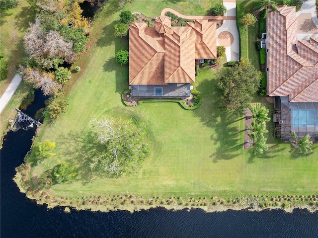 aerial view featuring a water view