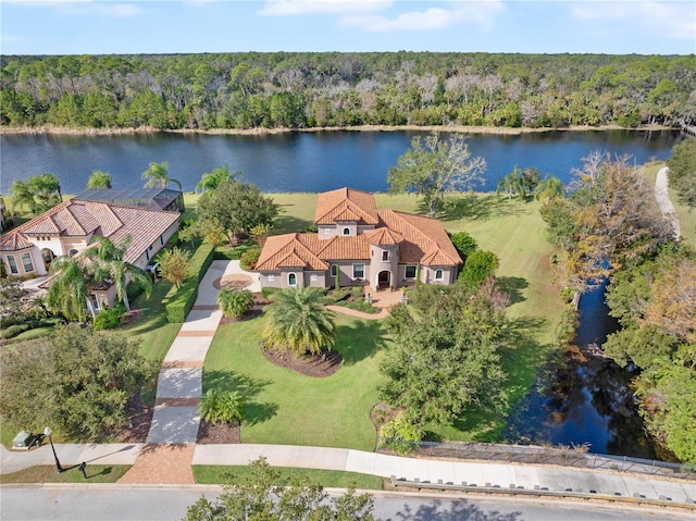 drone / aerial view with a water view