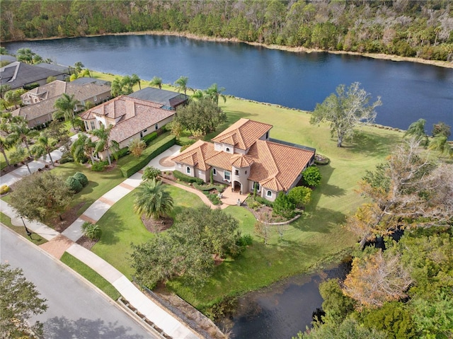 birds eye view of property featuring a water view