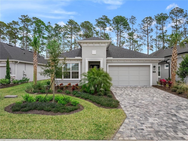 view of front facade featuring a front yard and a garage