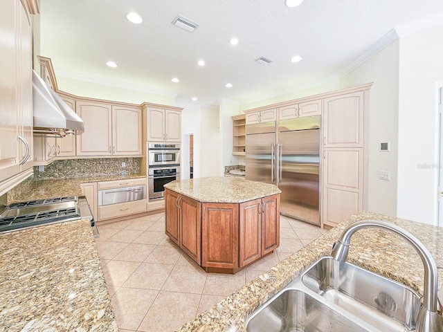 kitchen with appliances with stainless steel finishes, sink, a center island, crown molding, and light stone countertops