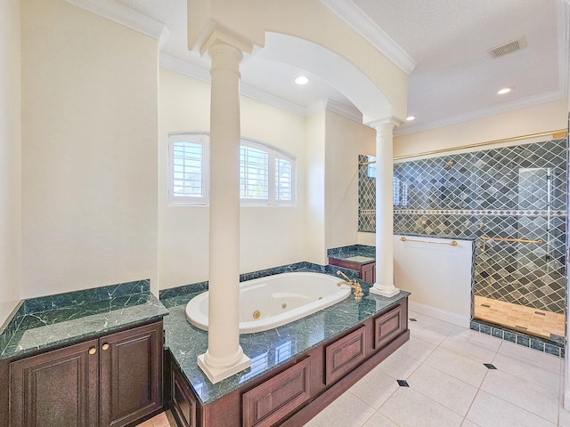 bathroom with ornate columns, independent shower and bath, vanity, crown molding, and tile patterned floors