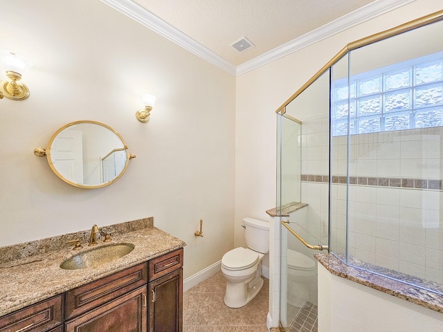 bathroom featuring a shower with shower door, vanity, toilet, crown molding, and tile patterned floors