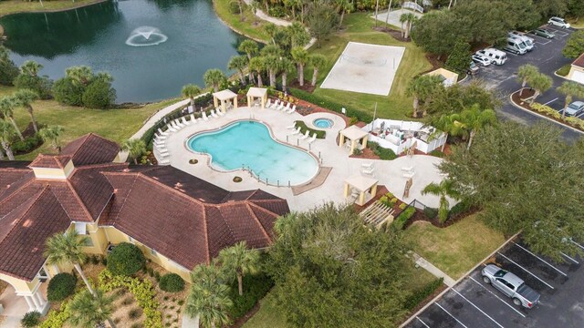 drone / aerial view featuring a water view