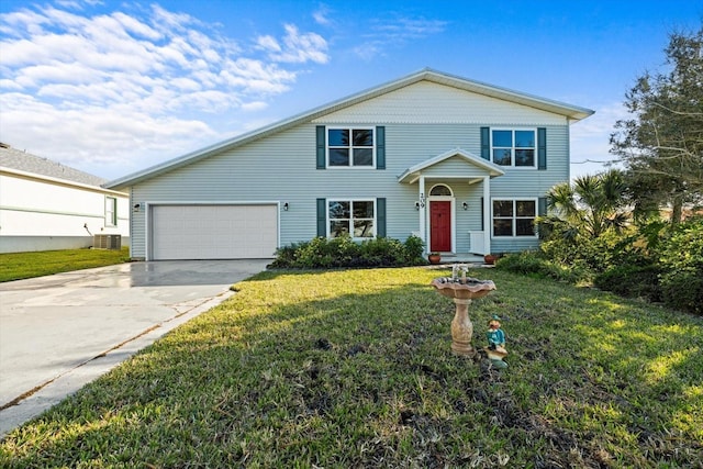 view of front of house featuring central AC unit, a front lawn, and a garage