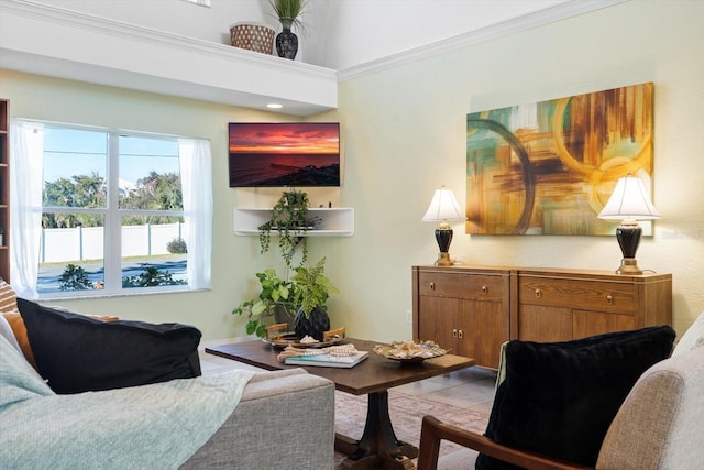 living room with ornamental molding