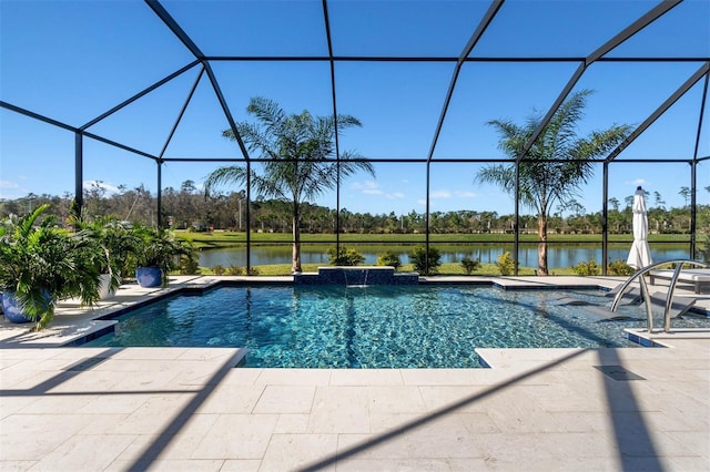 view of pool featuring a patio, pool water feature, a water view, and glass enclosure