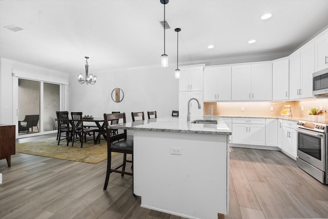 kitchen with a kitchen island with sink, sink, white cabinets, and appliances with stainless steel finishes