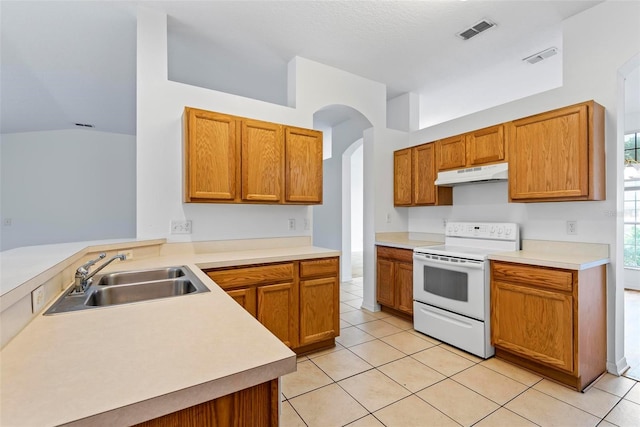 kitchen with light tile patterned flooring, sink, kitchen peninsula, and white range with electric cooktop