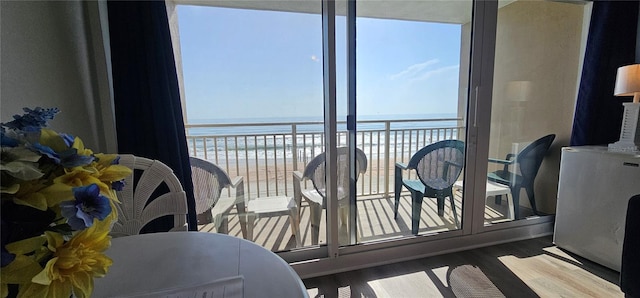 interior space featuring a beach view, a water view, plenty of natural light, and wood-type flooring