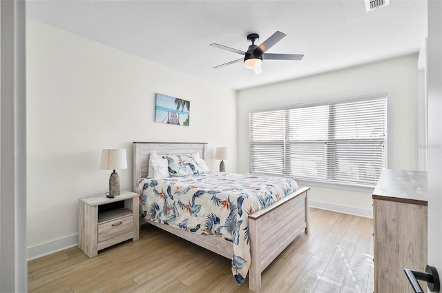 bedroom featuring ceiling fan and light wood-type flooring