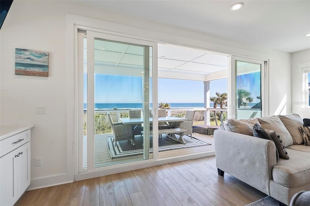 doorway to outside with hardwood / wood-style flooring, a water view, and a wealth of natural light