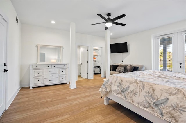 bedroom featuring ceiling fan, access to outside, and light wood-type flooring