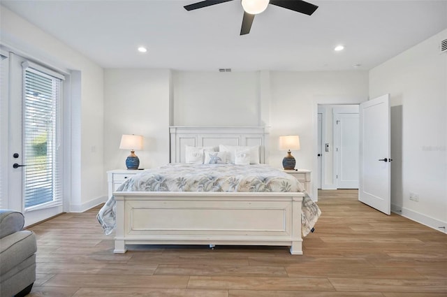 bedroom with access to exterior, ceiling fan, and light wood-type flooring