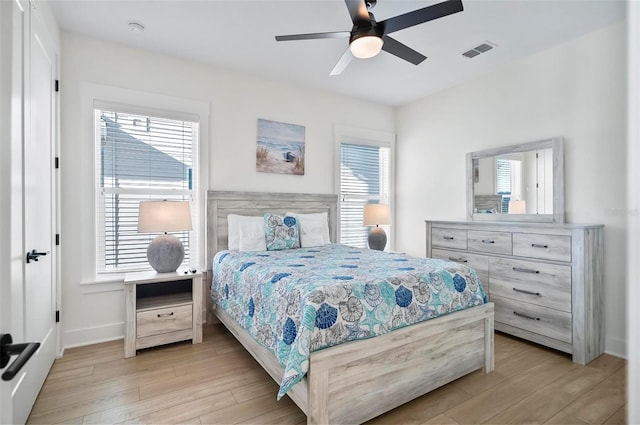 bedroom featuring ceiling fan and light wood-type flooring