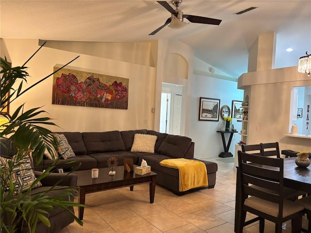 living room featuring ceiling fan, high vaulted ceiling, and light tile patterned floors