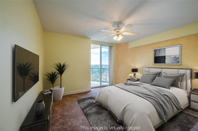 bedroom with ceiling fan, access to exterior, and dark colored carpet