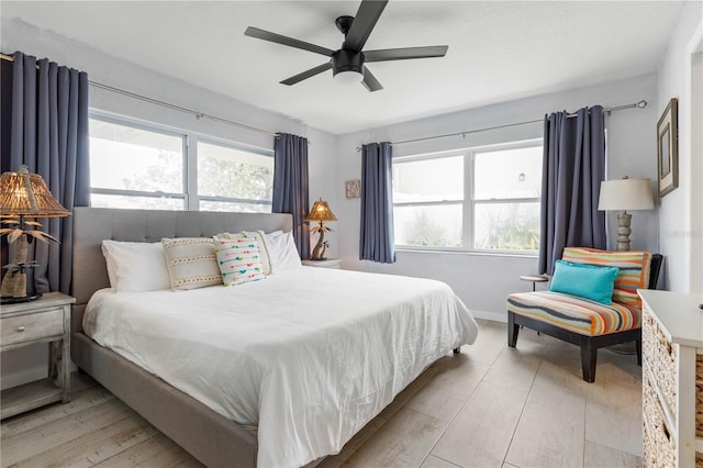 bedroom featuring ceiling fan and multiple windows